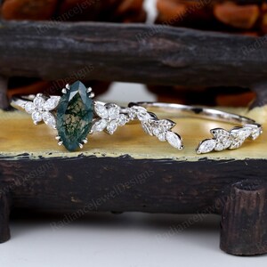 Marquise cut Moss agate Engagement ring set 14k white gold Diamond ring Leaf wedding band set Double prong ring Bridal jewelry ring set gift