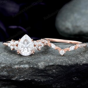 7*9MM Pear cut Moissanite Engagement ring Cluster Marquise Diamond Martching ring 14K Rose Gold Bridal ring set Promise Anniversary ring set