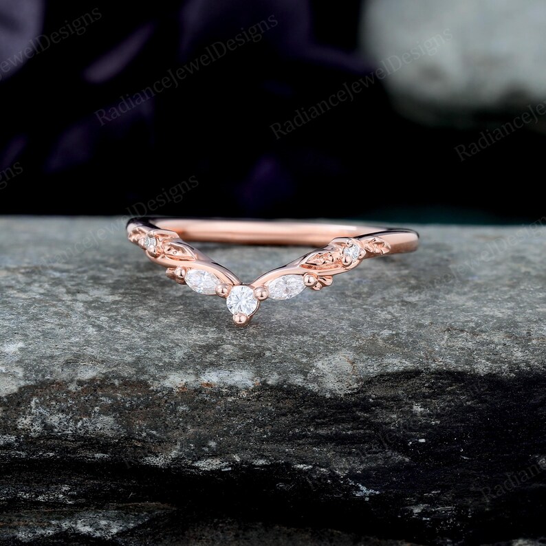 Marquise Cut Moissanite Curved Wedding Band 14K Rose Gold Diamond ...