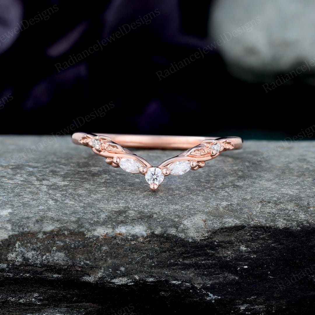 Marquise Cut Moissanite Curved Wedding Band 14K Rose Gold Diamond ...