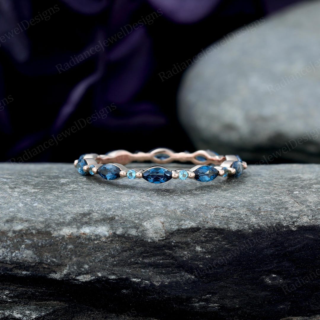 Full Eternity Marquise London Blue Topaz Wedding Band Vintage Blue