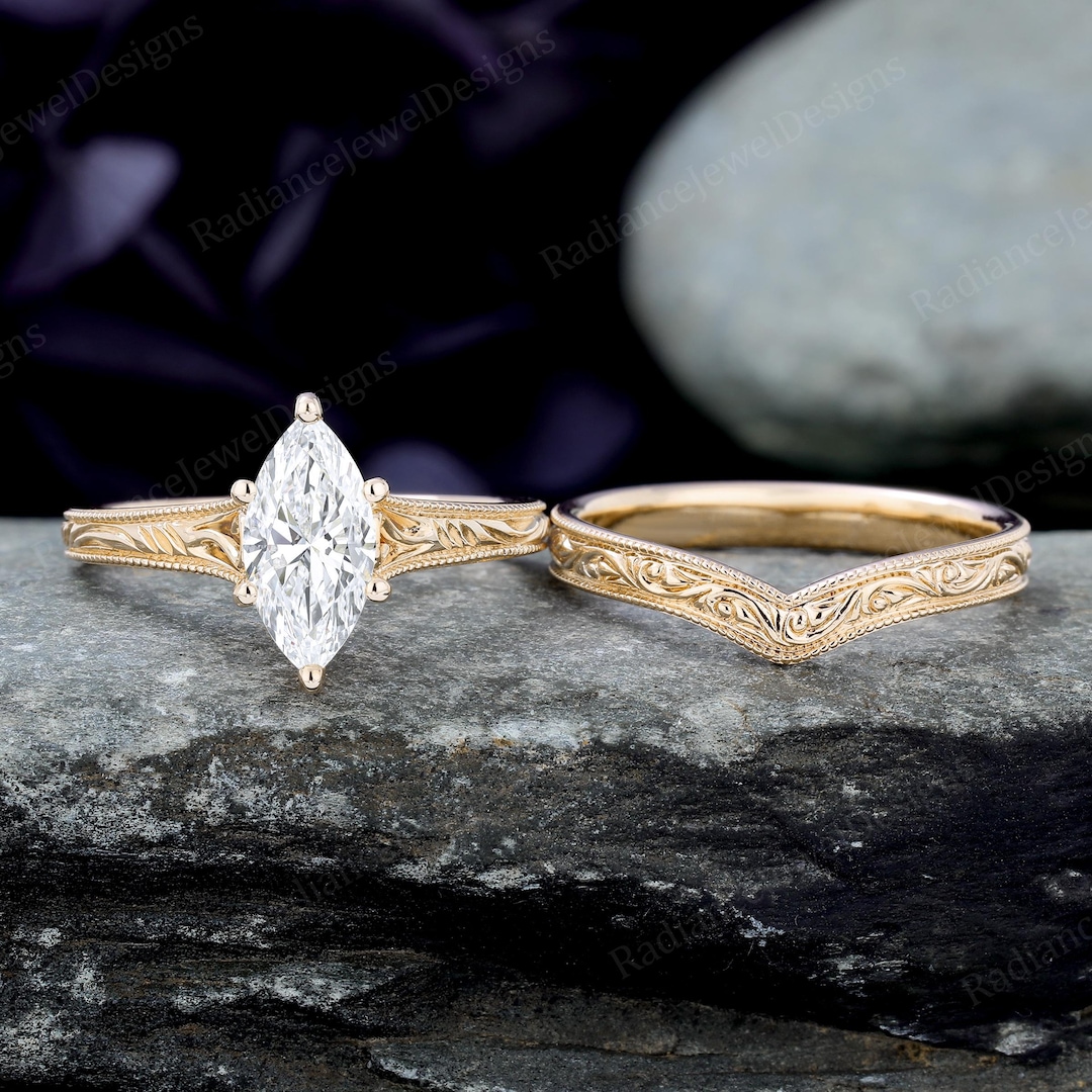 Vintage Marquise Cut Lab Grown Diamond Engagement Ring Set Yellow Gold ...