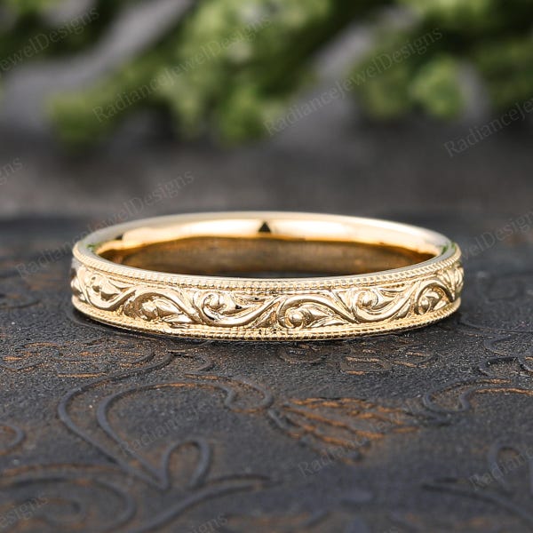 3 mm massiver Ehering aus Gelbgold mit floralem Rankenmuster, handgefertigt im Art-déco-Stil mit filigraner Milgrain-Verzierung, stapelbar, passender Brautring
