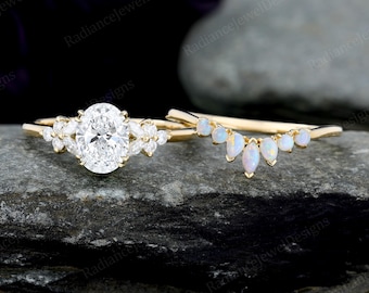 1CT IGI Certified Oval cut Lab Grown Diamond Engagement ring set V shaped Chevron Natural Opal Wedding band Yellow Gold Bridal ring set gift