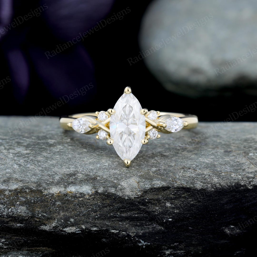 Marquise Cut Moissanite Engagement Ring Vintage Yellow Gold Wedding ...