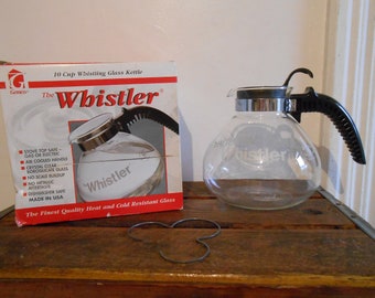 Gemco 10 Cup Glass Whistling Kettle Stove Top Whistling Clear Glass Kettle with Trivet Good Clean Condition 90s Era