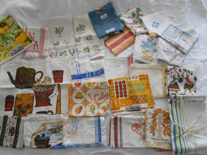 Retro Linen Kitchen Tea Towel: 50s 60s 70s Print PRICED PER TOWEL image 1