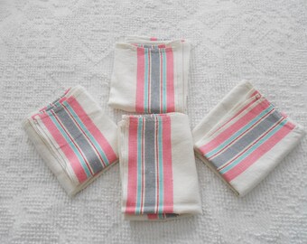 Set of 4 Striped Linen Kitchen Towels NOS Soft Linen Dish Drying Towels Good Condition 50s to 60s era