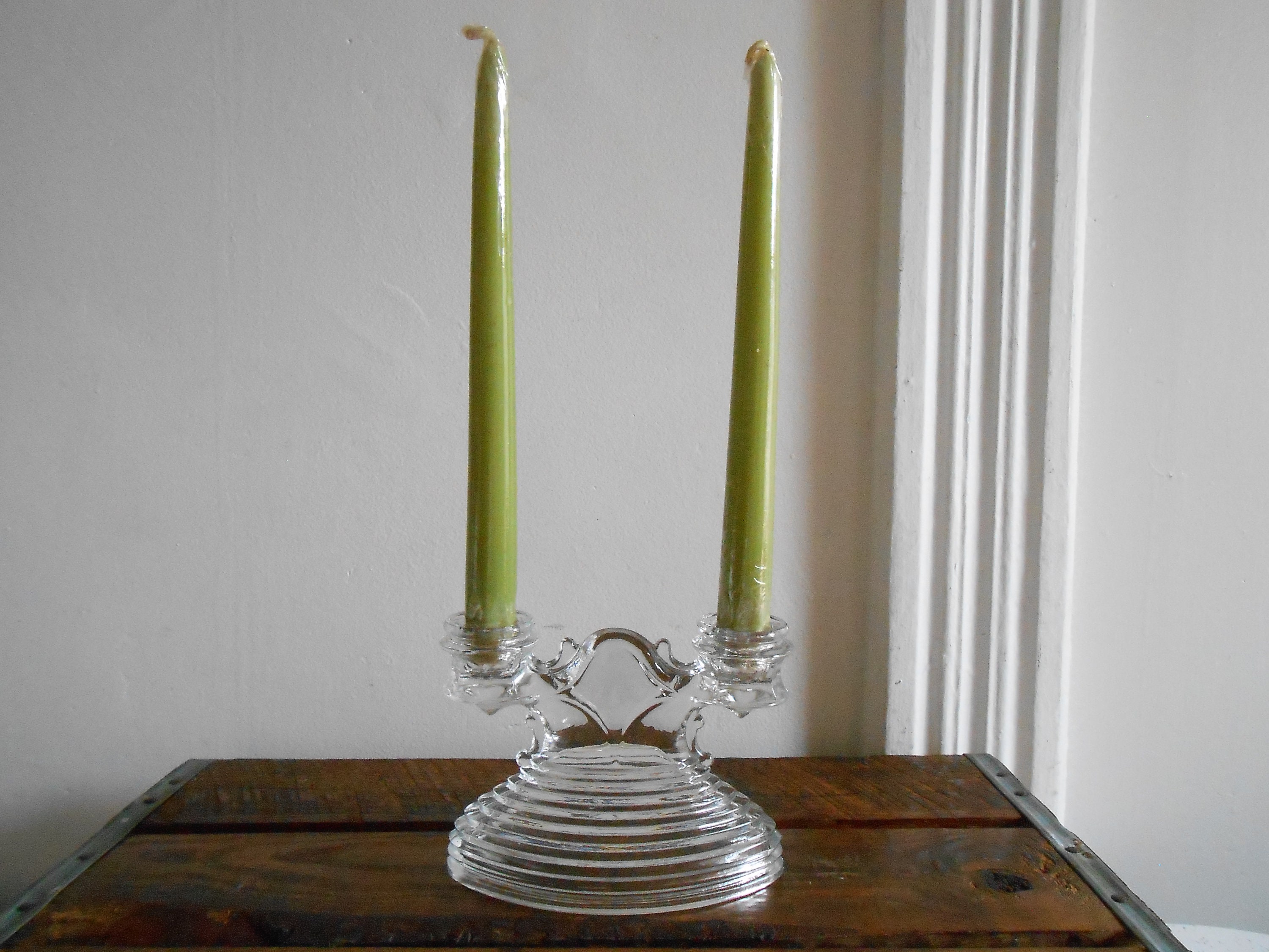 Mid Century Glass Candle Holder Clear Ribbed Glass Heavy Thick Etsy