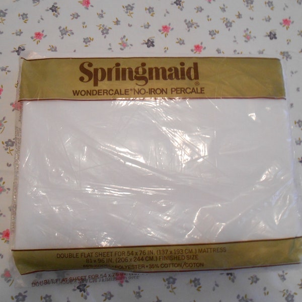 Springmaid Wondercale No Iron Percale Sheet NOS Double Flat White Sheet Size 81 by 96 Inch Good Clean Condition Made in USA 70s to 80s Era