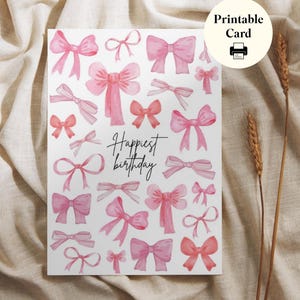 Pink Bow Happy Birthday Card – Coquette Aesthetic – Girly Printable Birthday Card – Soft Clean Girl Style – Instant Download – Cute Card