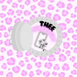 May include: Illustration of a grey vault door with the text "THEE JUNKVULT" in black and pink. Inside the vault is a smartphone, silver starbursts, and silver spheres. The background is a pink leopard print.
