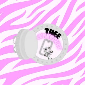 May include: A digital illustration of a white vault door with the text "THEE JUNKVULT" in black and pink. Inside the vault is a smartphone, silver stars, and spheres. The background features a pink and white zebra stripe pattern.