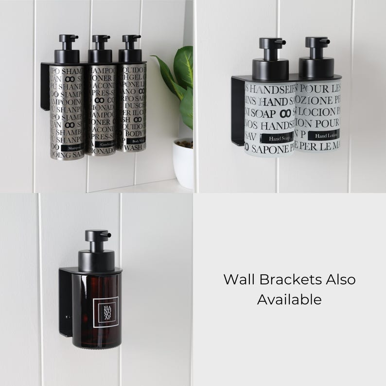 May include: Black metal wall brackets holding various soap and shampoo dispensers. The dispensers are cylindrical with black pump tops and labels with text. The image also shows a plant in a white pot.