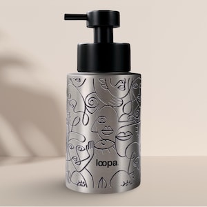 Distributore di sapone in acciaio inossidabile spazzolato con motivo stampato nero, flacone con pompa ricaricabile da 250 ml, accessorio moderno per cucina o bagno