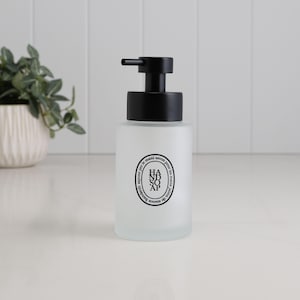250ml Frosted Glass Hand Soap Dispenser With Black Oval Label, Refillable Bottle With Stainless Pump For Bathroom Or Kitchen Sink