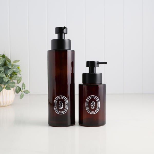 Distributeur de savon ambre avec étiquette personnalisée flacon pompe rechargeable 250 ml ou 500 ml pour salle de bain cuisine ensuite vestiaire ovale blanc