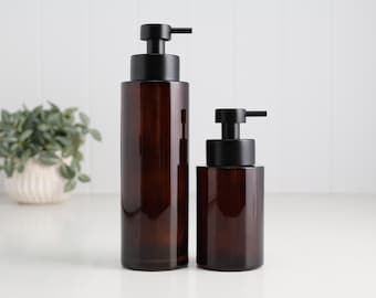Dispensador de sabonete líquido em vidro âmbar de 250ml e 500ml | Frasco marrom recarregável | Dispensador com bomba ecológica e sustentável | Acessório de banheiro reutilizável