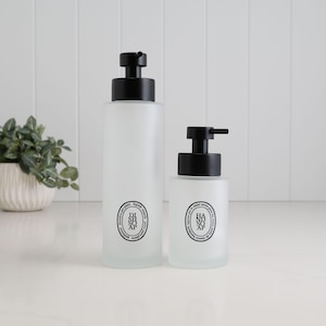 Frosted Glass Soap Dispenser With Black Oval Label, Choose 250ml Or 500ml Size And Custom Label Text, Sustainable Bathroom Gift