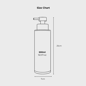 Minimalist sizing diagram for tall pump bottle design, displaying 500ml volume with equivalent 16.9 fluid ounces. Clean outline illustration shows full proportions, including 25cm overall height and 7cm diameter base, giving a clear visual guide for fit and placement in bathroom or shower spaces.