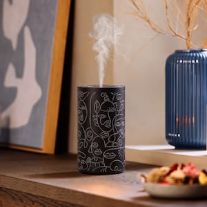 Waterless Essential Oil Diffuser, Cordless Portable Aroma, Minimalist Black Metal Alloy Base With Black/ Grey Print Design UV DTF