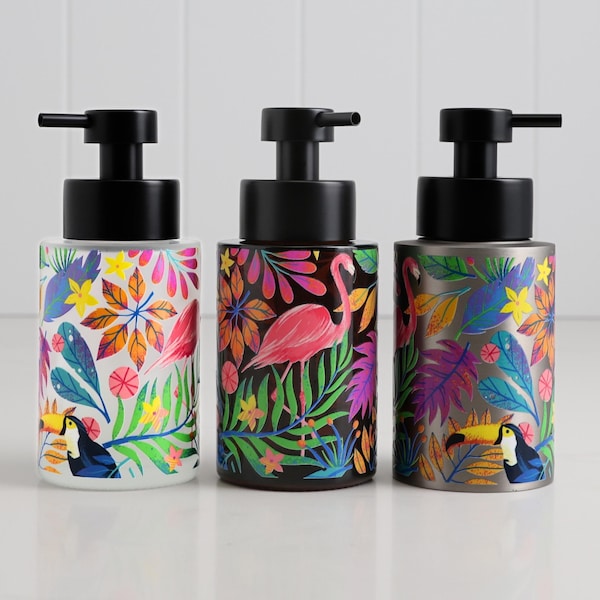 Dispensador de jabón botánico Tropical Flamingo con ilustración colorida en vidrio o acero — Botella recargable para baño de 250 ml