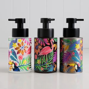 Tropical Flamingo Botanical Soap Dispenser With Colourful Illustration In Glass Or Steel — Refillable Bathroom Bottle 250ml