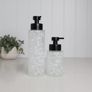 Frosted Glass Soap Dispenser With White Line Art Wrap, Choose 250ml Or 500ml Size, Artistic Eco Bottle For Modern Bathroom Gift