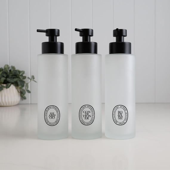 Set Of 3 Frosted Glass Shampoo Conditioner And Body Wash Dispensers With Black Oval Labels, 500ml Sustainable Gift For Home