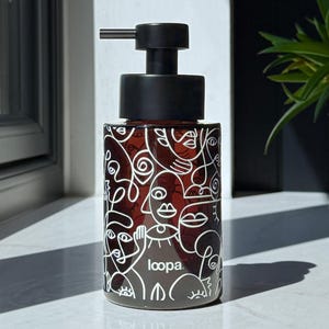 Printed Amber Glass Dispenser Refillable Soap or Lotion Bottle with Metal Pump Decorative Bathroom or Kitchen Accessory 250ml White Print