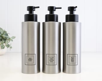 Brushed Stainless Steel Hair And Body Wash Bottle Trio With Black Square Labels | Refillable 500 ml Pump Dispensers | Eco Bathroom Set
