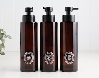 Set Of 3 Amber Glass Dispensers With White Oval Labels | 500ml Refillable Pump Bottles For Shampoo Conditioner And Body Wash | Bathroom Set