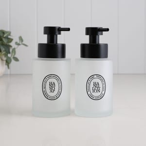 Set Of 2 Frosted Glass Hand Soap And Hand Lotion Dispensers With Black Oval Labels, 250ml Refillable Bottles Stainless Steel Pump