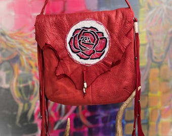 Deer Leather Bag with Beaded Rosette Crafted Using Ancient Techniques of American Indigenous Peoples