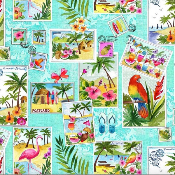 Greetings From - Picture Postcards  - Tropical Paradise - by Michael Miller - 100% Cotton Woven - Sold by the yard