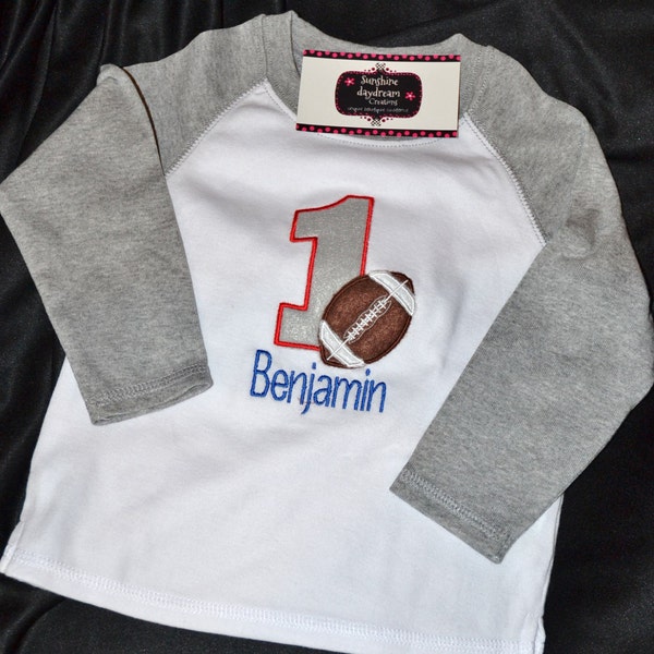 1st Birthday Raglan style Shirt Football number 1 and name personalized