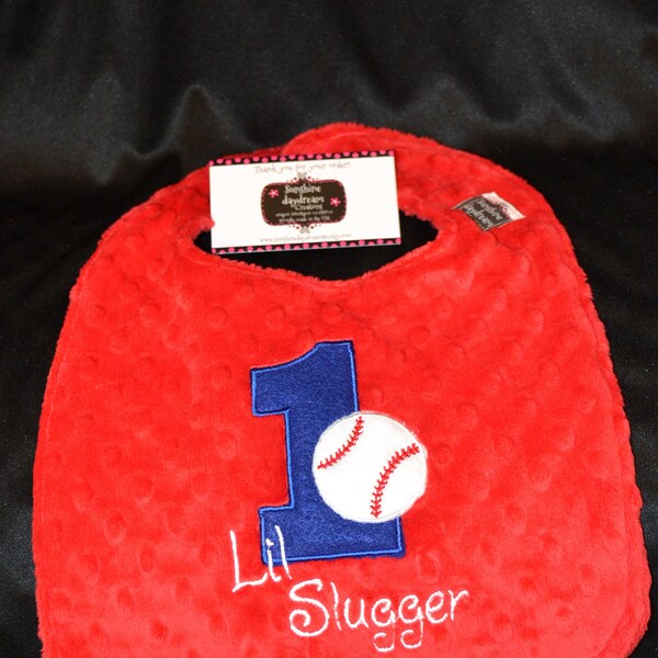 Baseball Birthday Bib Lil Slugger-- First Birthday 1st Birthday   Can be plain or embroidered with a name. Your Choice- Same Price
