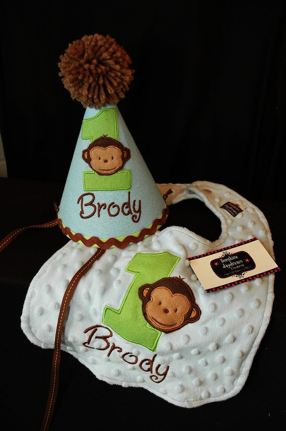 Modern Monkey Boy 1st First Birthday Hat And Bib Set Light Etsy