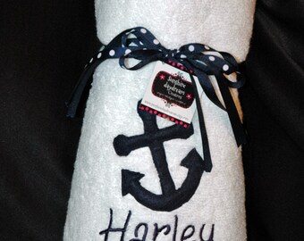 Personalized Towels for Kids - Personalized Beach Towels with Navy Anchor (Nautical Theme) - SALE Limited Time Only