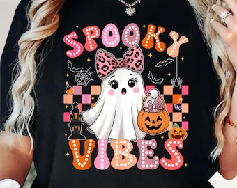 Comfort Colors Spooky Vibes Ghost T-Shirt, Pink Leopard Bow Pumpkin Hoodie, Retro Halloween Sweatshirt, Cute Fall Graphic Tee