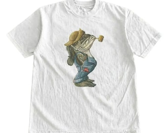 Cartoon Fish Wearing Hat And Overalls T-Shirt, Funny Fishing Grandpa Shirt, Retro Animal Meme Tee, Fishing Hoodie, Sarcastic Sweatshirt