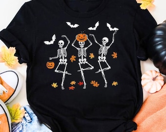 Dancing Skeletons Halloween Shirt, Spooky Fall Graphic Tee, Funny Skeleton Hoodie, Retro Pumpkin Sweatshirt, Halloween Gift