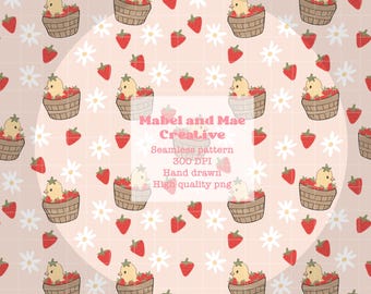 Chick Strawberry Seamless Pattern, Summer Fruit File (Digital Download)