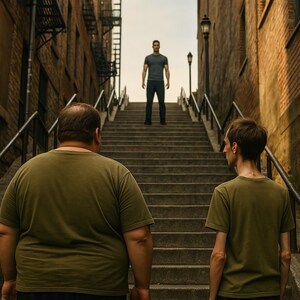 Puede incluir: Una escena al aire libre con tres personas en una larga escalera. Dos individuos con camisetas verde oliva están abajo, mirando hacia arriba. Una tercera persona con camiseta gris y pantalón oscuro está arriba.