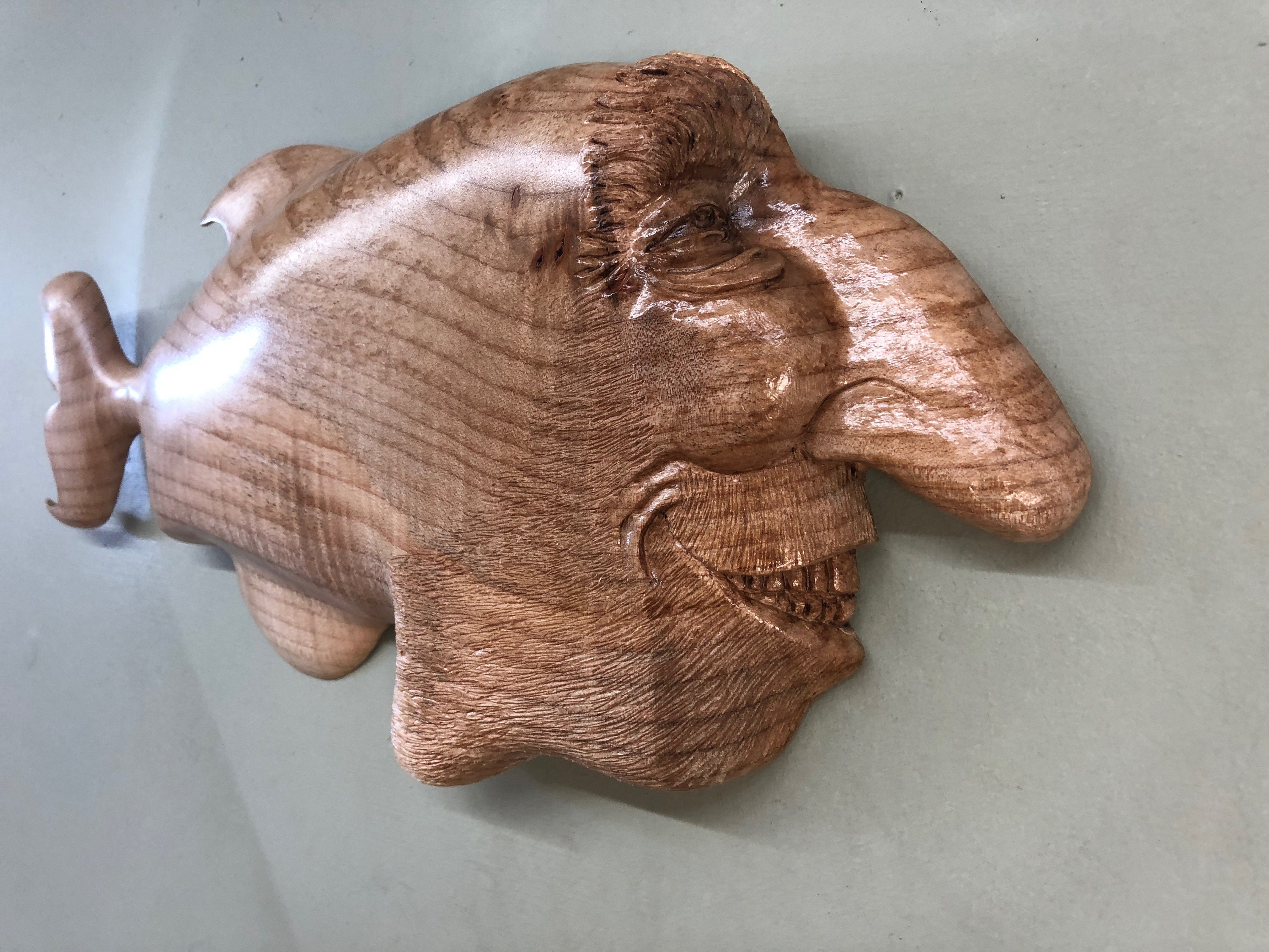 Whimsical carved Fish wood carving Ooak fishing sculpture Gift