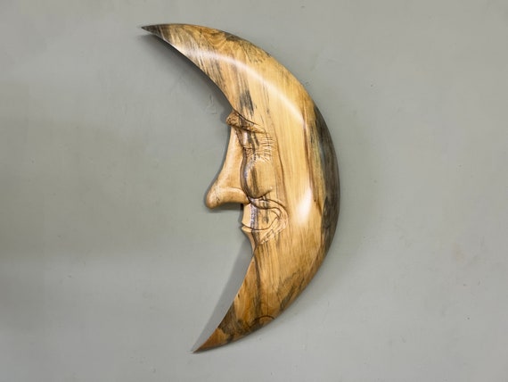 Man in the Moon wood carving wall sculpture