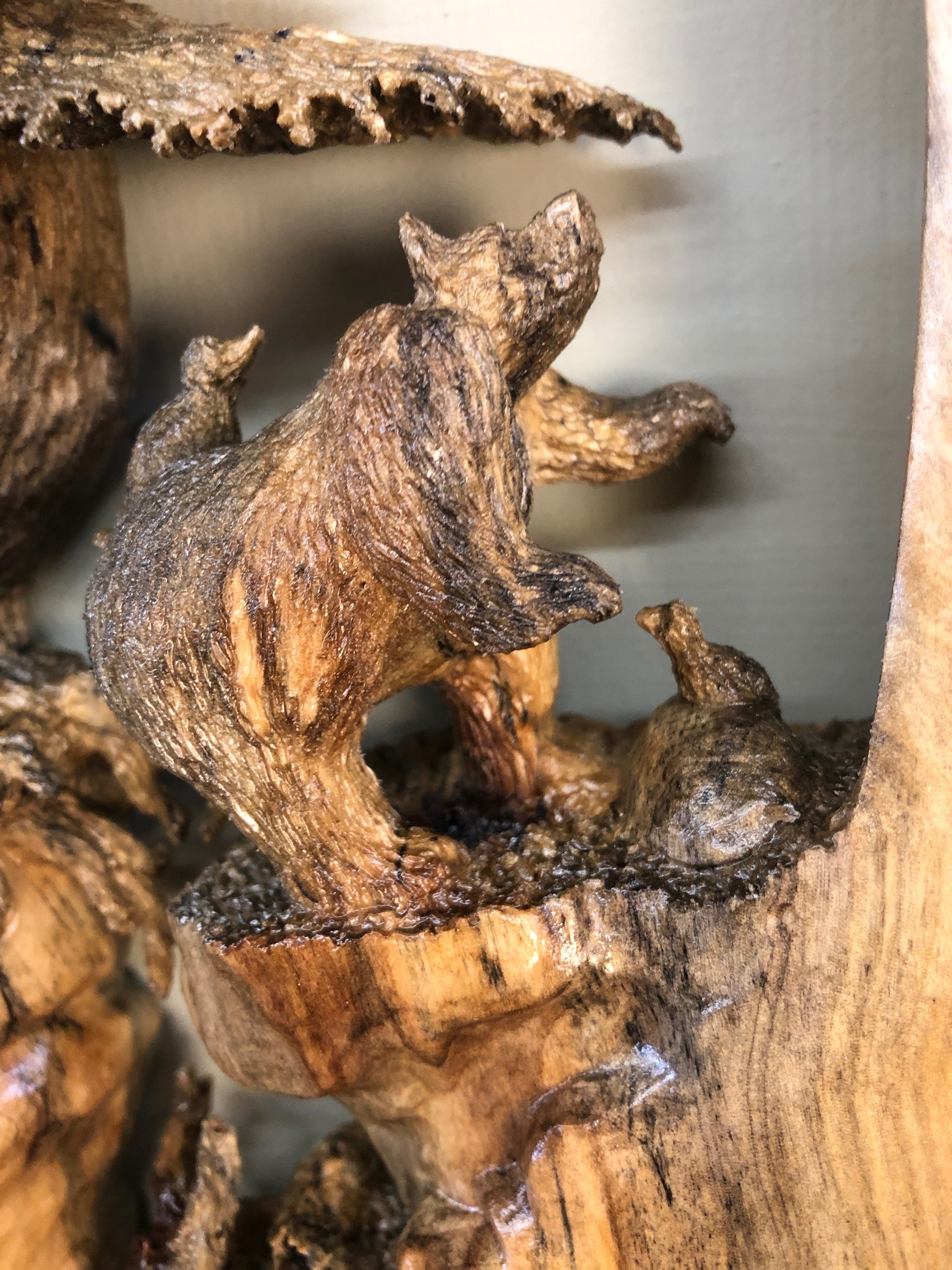 Tree dancing bear wood carving wall hanging sculpture by