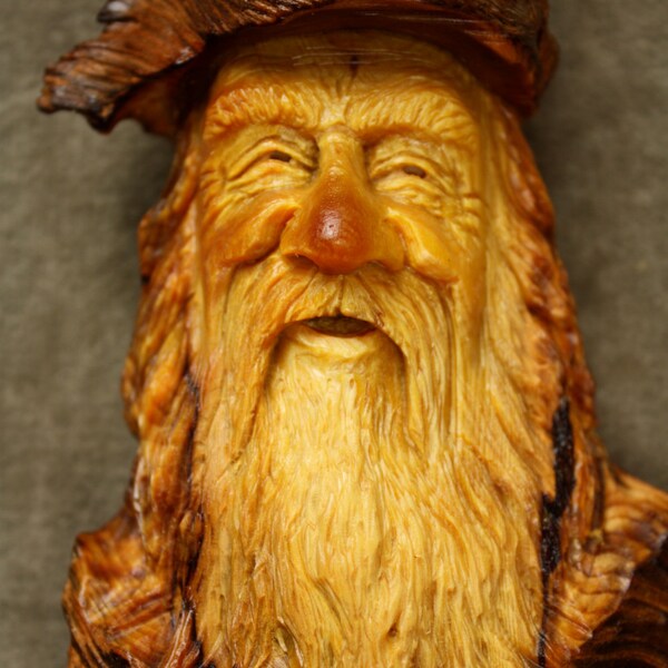 This Wood Spirit Wood Carving is an Art wood Sculpture of a Wizard, A Unique Rustic Log Cabin Wall Decor