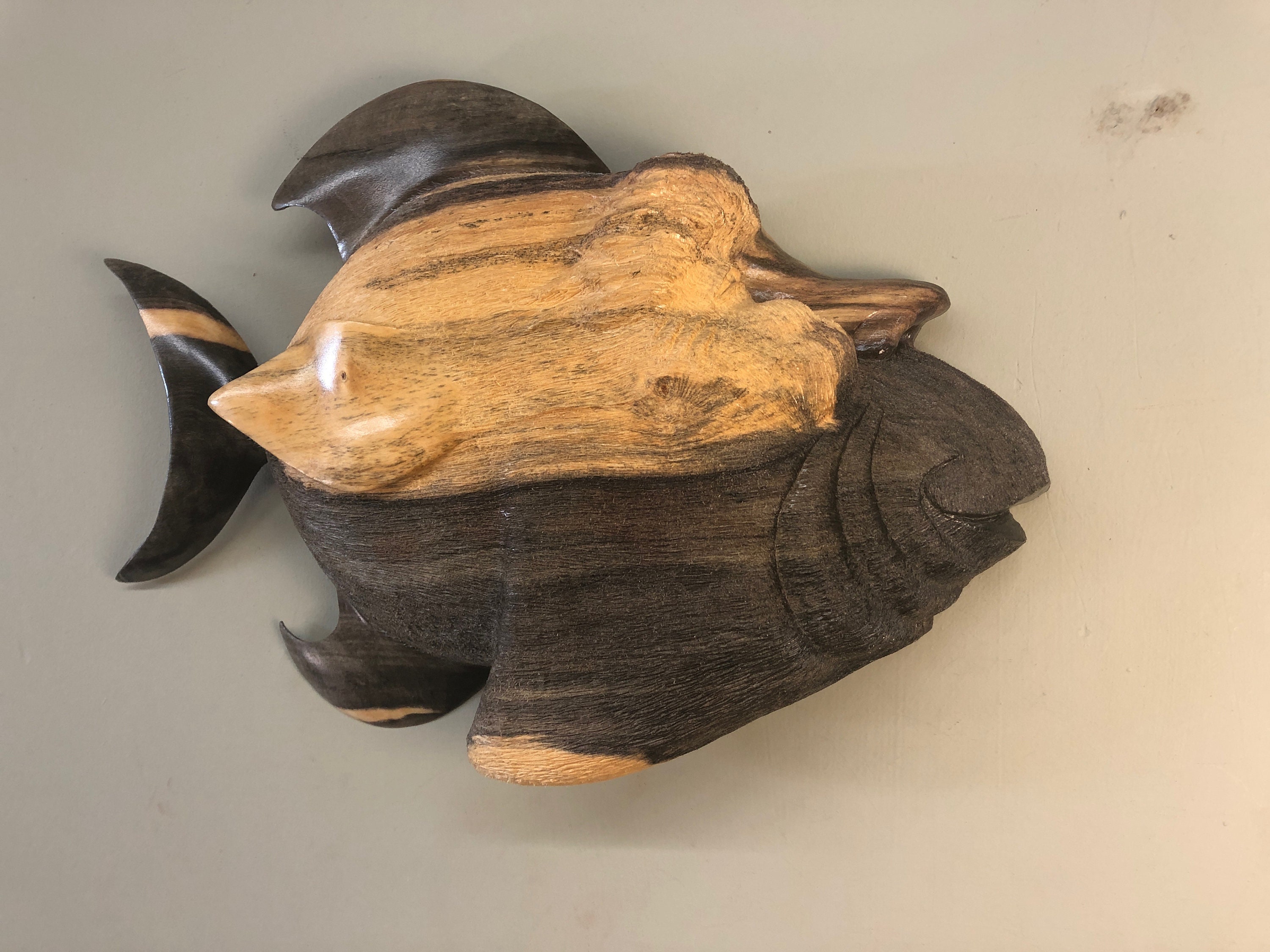 Whimsical carved wood Fish wood carving Ooak fishing sculpture Gift