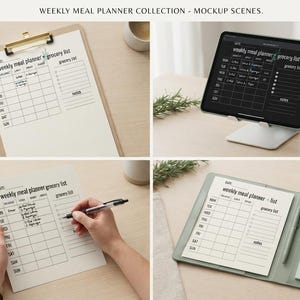 Può includere: Una collezione di pianificatori settimanali dei pasti e liste della spesa con quattro scene: una cartellina con modulo stampato, un tablet su supporto, una mano che scrive sul foglio e una cartella organizer con foglietti adesivi.